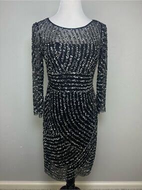 Adrianna Papell Beaded Sequin Cocktail Dress Open Back Black Size 6